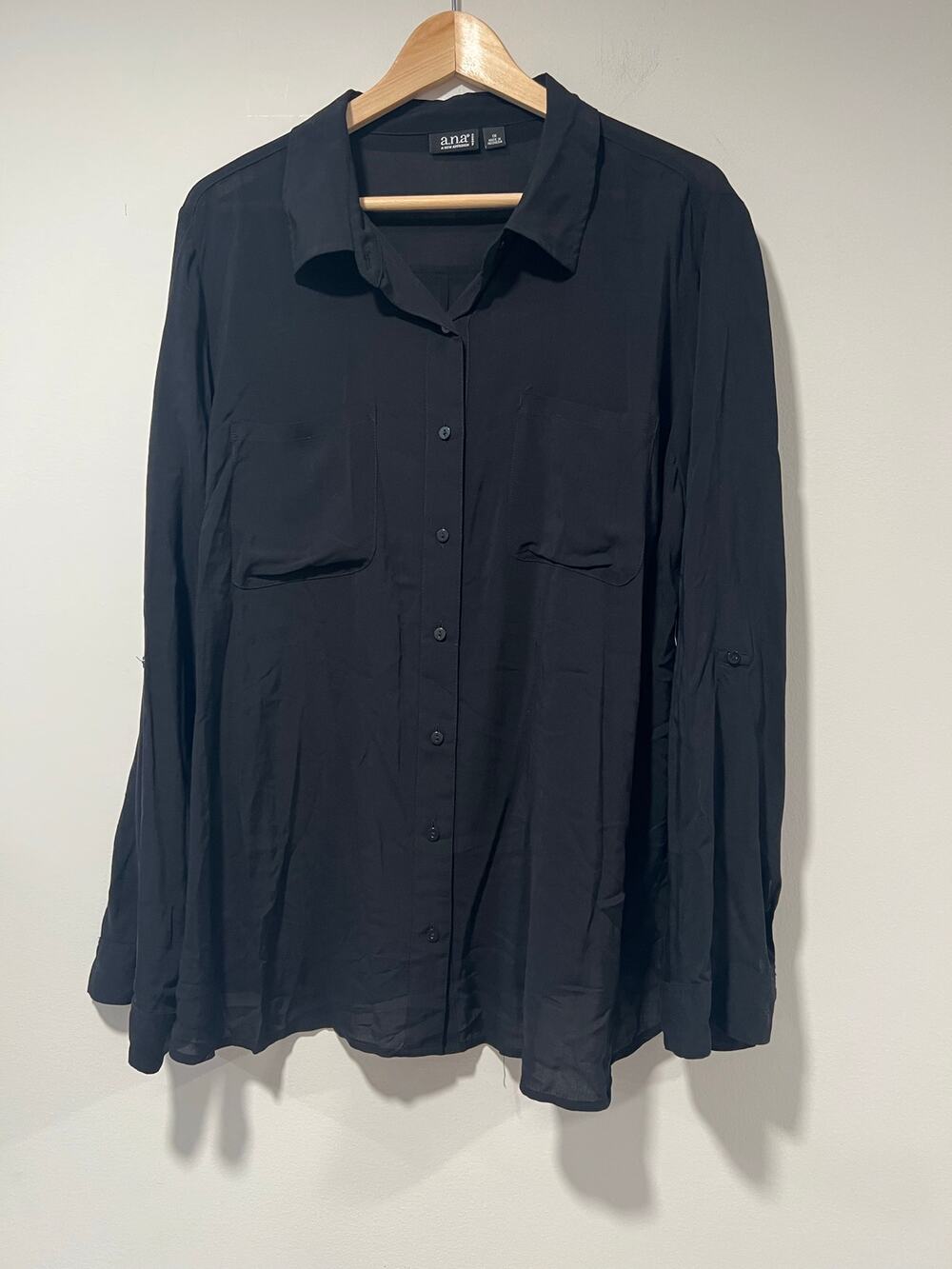 a.n.a A New Approach Sheer Button Down Rayon Blouse Black Size 1X JL